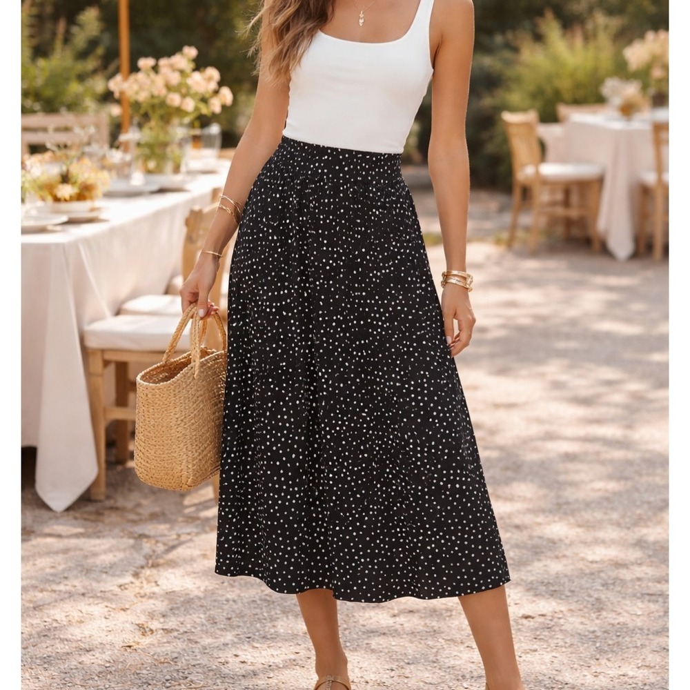 Simlu Womens Black White Polyester Polka Dot Midi Skirt L Paperbag Waist Retro